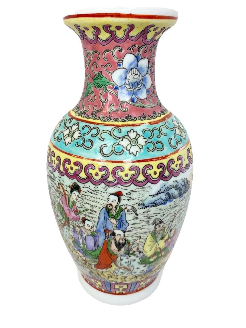 VNTG Chinese Famille Rose Haitang Zun Hand Painted Scenic Calligraphy Vase 8”
